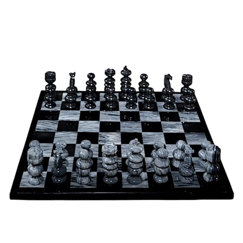 Plateau d'échecs en marbre noir et gris 35 cm avec pions lestés et sculptés