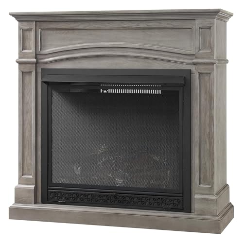 Oakestry 46 Inch Dual Fuel Vent Free Fireplace System Pewter Oak Finish 33,000 BTU Compatible with Natural Gas or Liquid Propane Efficient Ventless Indoor Fireplace