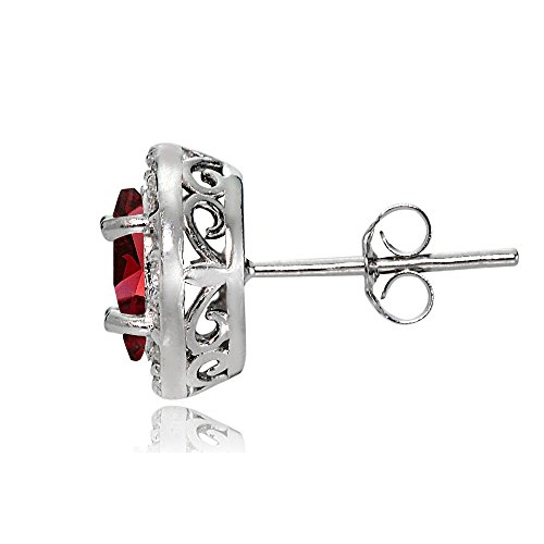 Sterling Silver Created Ruby and White Topaz Oval Halo Stud Earrings by Ice Gems - Image 3