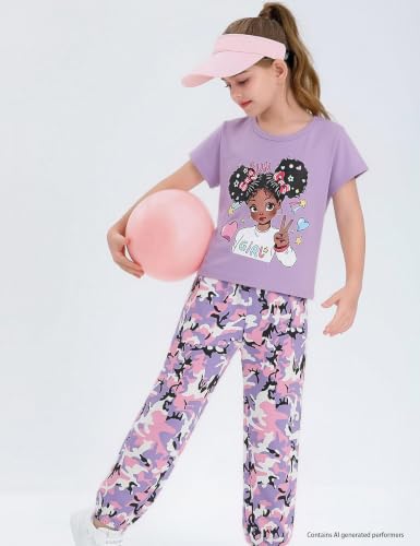 Image of mksodop Girls Outfit Set Graphic T Shirt and Camo Jogger Pants Cute Casual Clothes for Girls 5-16 Years