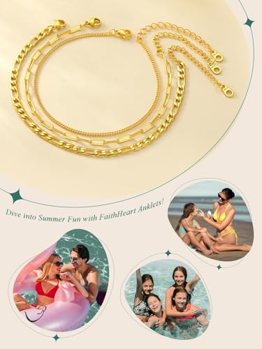 Image of FaithHeart Waterproof Ankle Bracelets for Women, 1 /2 /3Pcs Non Tarnish Stainless Steel Layered Anklet Set Paperclip Figaro Cuban Link Chain Dainty Summer Beach Jewelry Gift Adjustable Size