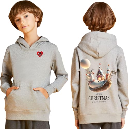 Merry Christmas Print Boy Hoodie Snag Eyes Heart Embroidery Cotton Pullover Kangaroo Pocket Thick Loose Sweatshirt