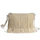 HOXIS Fringe Cross Body Bag Womens Small Shoulder Bag Top Zip Wristlet Khaki