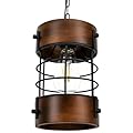 Retro Wood Pendant Light Fixtures, Rustic Pendant Light,Metal Round Cage Industrial Chandelier for Kitchen Island Foyer Dining Room Hallway Bar Restaurant,D 5.9" x H 8.7" (Brown)