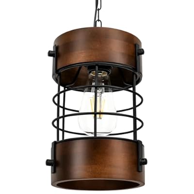 Retro Wood Pendant Light Fixtures, Rustic Pendant Light,Metal Round Cage Industrial Chandelier for Kitchen Island Foyer Dining Room Hallway Bar Restaurant,D 5.9" x H 8.7" (Brown)