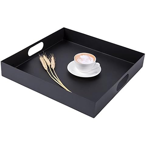 MyGift 16 Inch Black Metal Square Serving Tray with Cutout Handles Cover