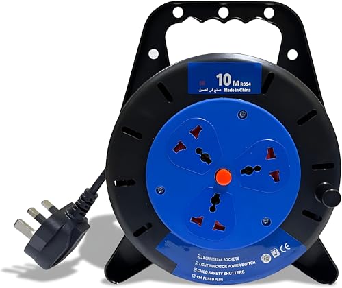 10M Retractable Extension Cord Reel 3 Universal Sockets 2000W Power Capacity Light Indicator Switch Child Safety Shutters 13A Fused Plug Ideal for Home Office & Workshop