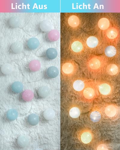 Traumheim Ciskotu lichterkette Innen mit Stecker, 3.8M Lichterkette Lampions 20 LEDs,Lichterkette Cotton Ball Kugeln für Kinderzimmer Weihnachten Party Garten Terrasse (Mehrfarbig)