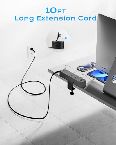 Image of Flat Plug Desk Clamp Power Strip 10FT, 24W Total Charging Station, Desk Edge Mount Power Strip 9 AC Outlets 8 USB Ports Surge Protector, Fit 1.7 inch Tabletop Edge, Home Office Accessories