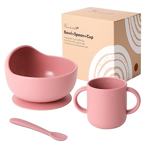 Image of ROCCED Baby Silicone Bowls with Suction Toddler Bowls and Spoons Set Training Cups for Baby Silicone Baby Feeding Set Baby Cups with 2 Handles Silicone-Pale Mauve