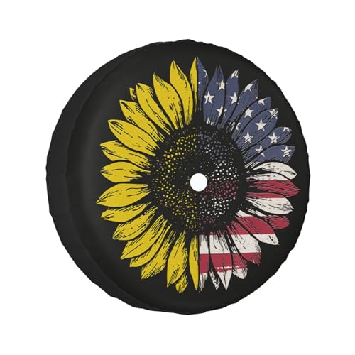 Image of American Flag Sunflower Spare Tire Cover with Backup Camera Hole Universal Fit for Wrangler Rv SUV Truck Travel Trailer JL, Waterproof Dust-Proof Leather Wheel Protectors