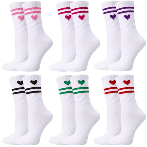 Utensilsto 6 Paar Herz Tennissocken für Damen Sportsocken Damen 39-42 Weiß Socken mit Streifen Laufsocken Tennis Sport Socken Crew Socks Arbeitssocken,Streifen Kleines Herz