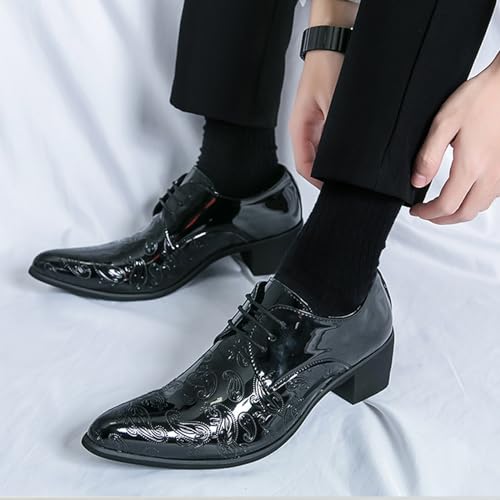 Image of Men's Printing Pointed-Toe Patent Leather Derby Oxford Shoes,Classic Lace-up Low Top Block High Heel Fashion Slip on Prom Business Wedding Dress Shoes