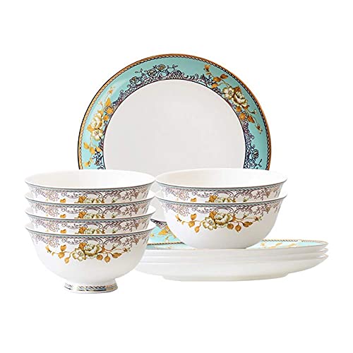Service de table en porcelaine blanche et dorée de 10 pièces avec assiettes et bols à céréales