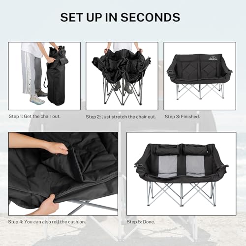 HOMFUL Double Camping Chair Oversized Folding Padded Loveseat Heavy Duty Camping Sofa with Cup Holder for Camping, Picnic, Beach(Grey) - Thumbnail 5