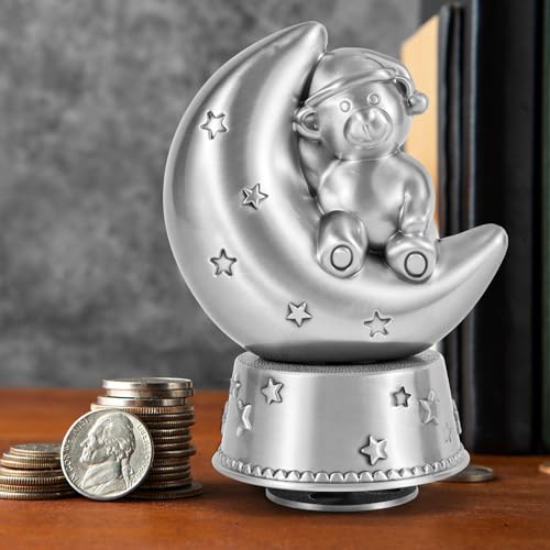 Lihou PapaQ Metal Musical Box Moon Bear Piggy Bank,Coin Bank in Brushed Pewter Finish,Savings Bank,Retro Decoration,Gifts for Christmas,Birthdays and All Holidays