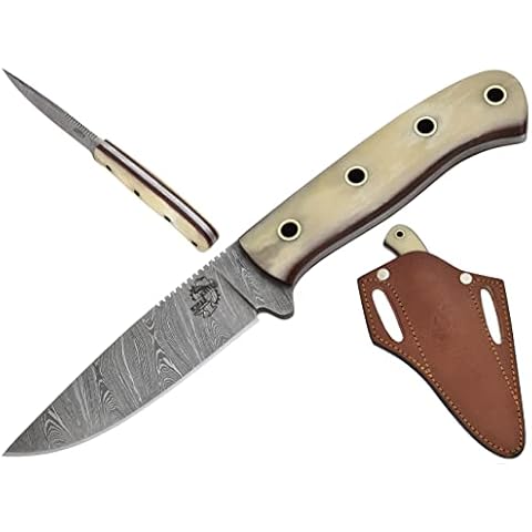 Knives Ranch Fixed Blade EDC Knife with Pancake Sheath – Small Hunting Knife – Damascus Skinning Knife – Cowboy Knife with Leather Sheath - Cattle Bone Handle - Leather Sheath Snug Fit (3112-B) Cover