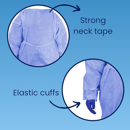 HCS XL Isolation Gowns - Disposable Gowns, Medical - SMS, AAMI Level 2, PPE Gown Disposable - Elastic Cuffs, Neck Tape & Waist Tie - Home, Clinic, Dentist, Hospital - Blue Gown (10 Pack) - Thumbnail 4
