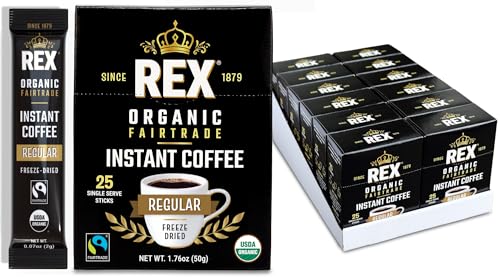 Rex Coffee Organic Fairtrade Freeze-Dried Instant Sticks, Medium Roast Arabica, 300 Single-Serve Packets, USDA Organic & Fairtrade Certified