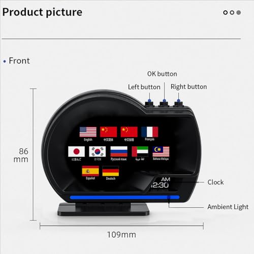 Auto Head Up Display,Cars Heads Up Display,Horizontale Fahrzeuganzeige,OBD2+GPS,mit Einstellbarer Halterung,Geschwindigkeit,Drehzahl,mehrsprachige Anzeige,für alle Fahrzeuge