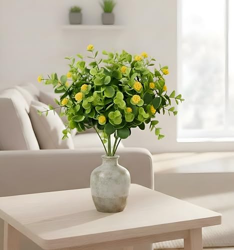 Image of Artificial Eucalyptus Bouquet with Baby Breath Yellow Flowers - 6 Stems Faux Greenery Bunch, 33cm Height for Home, Office, Wedding & Party Decoration