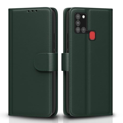 Image of Pikkme Flip Cover for Samsung Galaxy A21s Leather Finish | Inside TPU with Card Pockets | Wallet Stand and Shock Proof | Complete Protection Flip Case (Green)