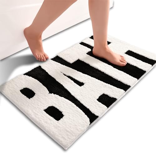 Dermalyx Schwarz Weiß Badezimmer Teppich rutschfeste Badematte Dicke Weiche Flauschige Badezimmer Dekor Super Saugfähige Maschinenwaschbare Duschteppich 40 x 60 cm