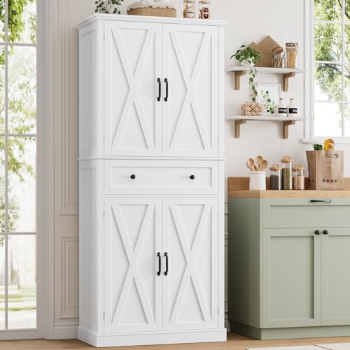 FirFurd Kitchen Cupboard Tall Cupboard Freestanding Tall Kitchen Cabinet White Sideboard Storage Cabinet with 4 Doors & 1 Drawer for Living Room Dining Room 78x40x181.5cm