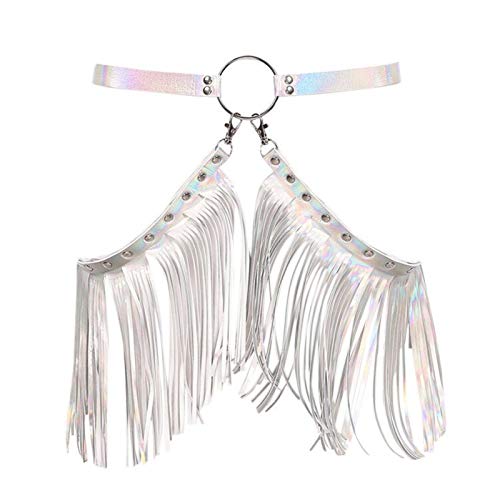 Women Rave Costume Leather Body Harness Waist Belt Fringe Tassel Skirt Bondage for Festival Dance Performance (Silver)