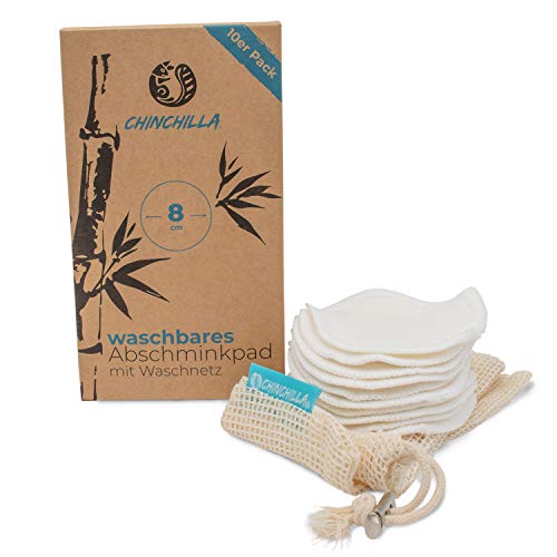 Preisvergleich Produktbild Chinchilla Waschbare Abschminkpads, Wattepads aus Bambus, inklusive Waschbeutel aus Baumwolle, wiederverwendbar, plastikfrei, nachhaltig, Make-Up Entferner & Gesichtsreinigung 10 Stück