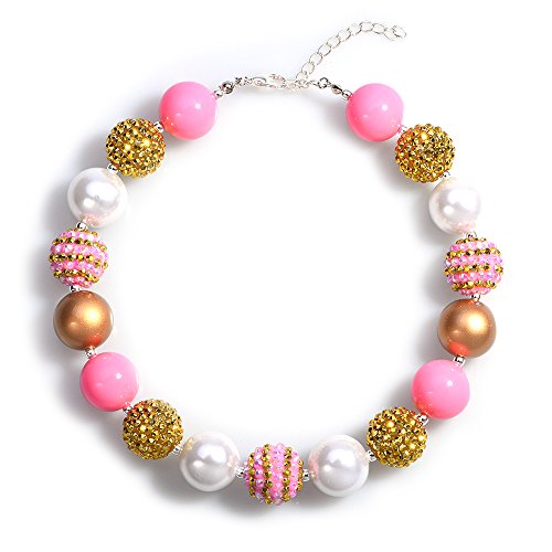 Bling Bling Chunky Bubblegum Necklace Pink and Gold Fashion Beads and Bracelet Set with Gift Box for Baby Girls3