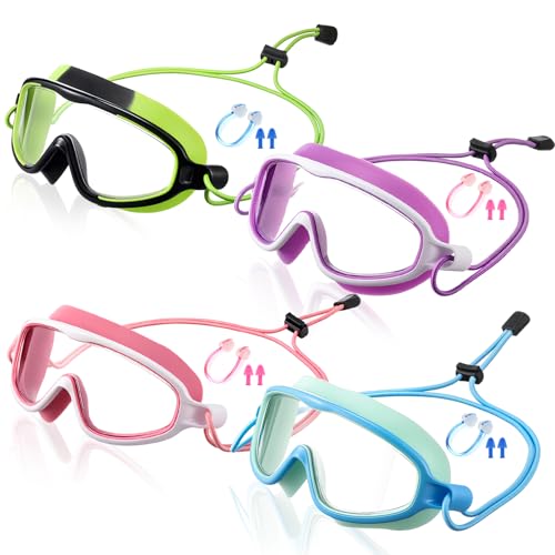 Hollowfly 4 Pcs Kids Swim Anti Fog Goggles Quick Adjust No Leaking Waterproof Wide Vision Glasses with Nose Clips Ear Plugs(Blue, Pink, Purple, Green)