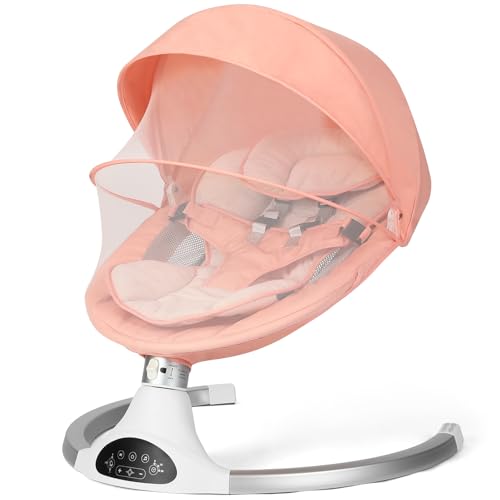 Image of Baby Swing for Infants, Baby Rocker with 5 Point Harness, Bluetooth Support, 10 Preset Lullabies and 3 Speeds with Remote Control, Infant Swing for Baby Boy Girl Up to 20 lbs, Pink