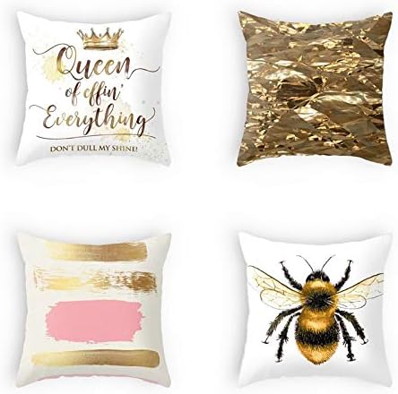 OATHENE Set of 4 Decorative Throw Pillow Covers,Pink Golden Bee Crown Modern Style Linen Cushion Sofa Bedroom Car,Home Decor,18 x 18 Inch.1344