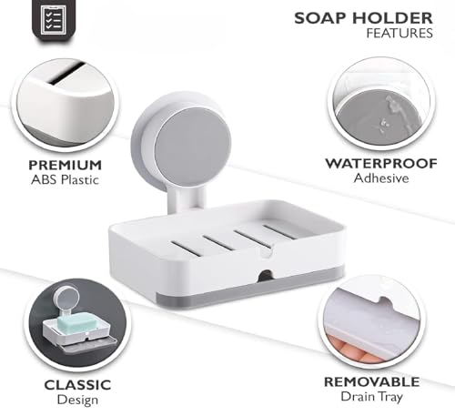 Image of Wall-Mounted Soap Holder with Waterproof Adhesive, Premium ABS Plastic, Removable Drain Tray, White