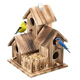 Bird House for Outside, Outdoor 3 Hole Bird House Room Bluebird Finch Wooden Hanging Birdhouse Handmade Wooden Hummingbird-House for Garden,Courtyard, Backyard Bluebirds, Finches, Cardinals