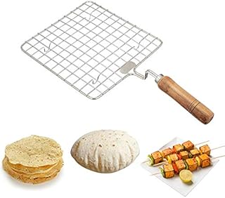 KSJONE Stainless Steel Multi-Functional Wire Steaming Cooling and Baking Barbecue Rack Square Wire Roaster Rack/Papad Jali/Roti Grill Round Shape with Wooden Handle