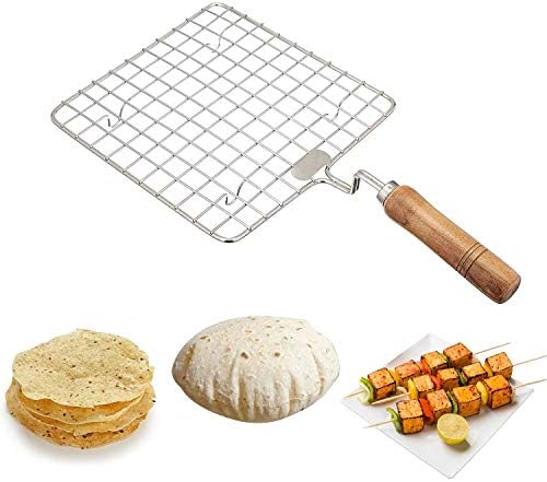 KSJONE Stainless Steel Multi-Functional Wire Steaming Cooling and Baking Barbecue Rack Square Wire Roaster Rack/Papad Jali/Roti Grill Round Shape with Wooden Handle