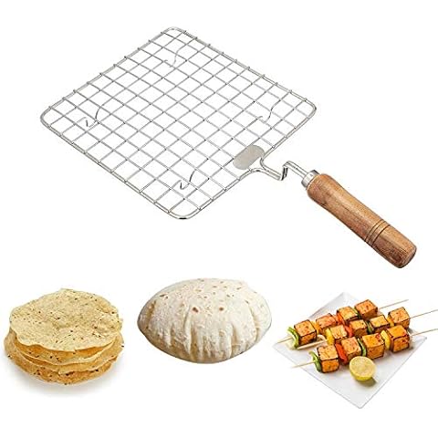 KSJONE Stainless Steel Multi-Functional Wire Steaming Cooling and Baking Barbecue Rack Square Wire Roaster Rack/Papad Jali/Roti Grill Round Shape with Wooden Handle Cover