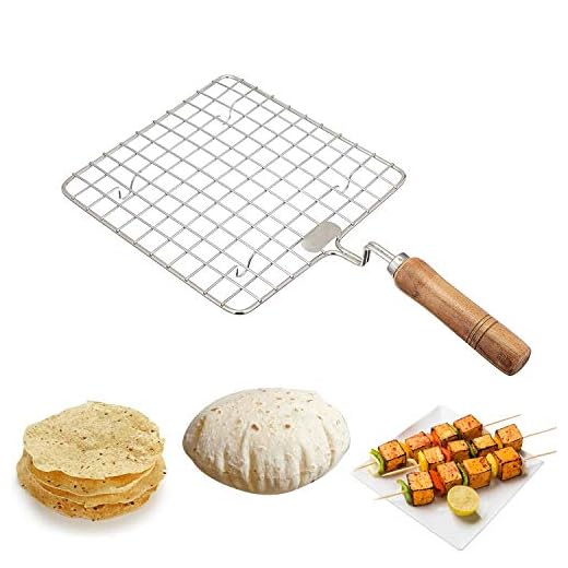 KSJONE Alambre multifuncional de acero inoxidable para hornear y enfriar al vapor parrilla cuadrada de alambre tostador/Papad Jali/Roti Grill forma redonda con mango de madera