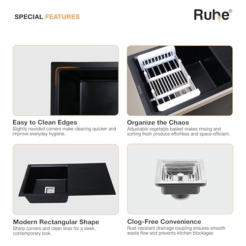 Image of Ruhe Quartz Single Bowl 36x18x9 Inches Drainboard Kitchen Sink | Black Non-fading Colour with UV Protection | Natural Stone Quartz /Granite Sink with Sink Coupling, Waste Pipe & Strainer Basket