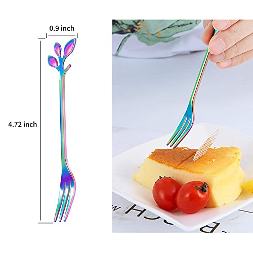 Rainbow Stainless Steel Dessert Forks, 4.7-Inch Fruit Leaf Forks, Smooth Edges, Mini Appetizer Salad Cake Cocktail Fork For Parties Wedding,Kitchen Tableware Dishwasher Safe, Pack Of 5 #TOP3
