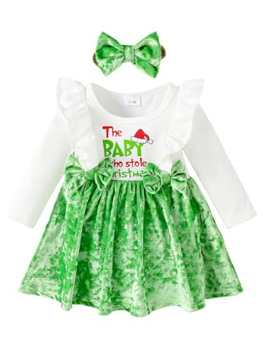 Image of AMAWMW Baby Girl Christmas Outfit Newborn Ruffle Long Sleeve Romper Dress Infant Bodysuit Christmas Clothes, White, 6-9 Months