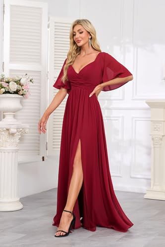 Women's Flutter Sleeves Chiffon Bridesmaid Dresses with Slit Long A Line V-Neck Formal Party Dress with Pockets3