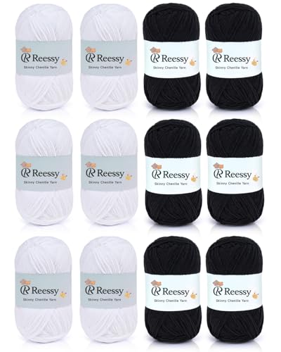 Image of Skinny Chenille Yarn Pack - 12 Skeins (6 White + 6 Black, 1.76oz /50g Each, Total 1,896yd) - Fine Weight Matte Chenille Yarn for Crocheting - Soft CYC#2 for Baby Iteams, Plush Toys & Home Decor