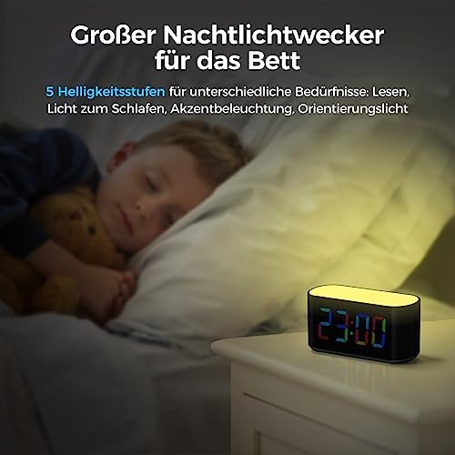 DOUMOSH Wecker Kinder mit Nachtlicht, RGB Nachtlicht, 0-100% Helligkeitsdimmer, Farbenfroh Display, Digitaler Kinderwecker für schulanfänger, Mädchen, Jungen