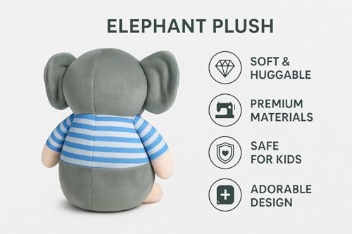 Image of Fun4you Plush Elephant Stuffed Animal Toy with Blue Striped T-Shirt, Soft Toy for Kids, Grey (Blue)