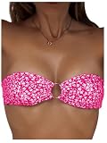 MakeMeChic Women's Hot Pink Bikini Tops Floral Print Ruched Ring Strapless Swimsuit Top Bandeau Swim Top Hot Pink Small