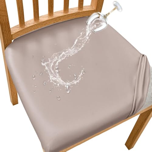 Image of SearchI Waterproof PU Leather Seat Covers for Dining Chairs, 6 Pack Stretch Dining Room Chair Seat Covers, Kitchen Chair Seat Covers Protectors (Taupe)