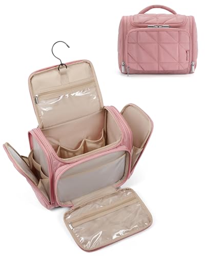 BAGSMART Toiletry Bag Travel Bag with Hanging Hook, Water-resistant Lightweight Puffy Makeup Bag Large Wide-open Travel Bag for Women Travel Organizer for Accessories, Cosmetics, Toiletries, Nude Pink